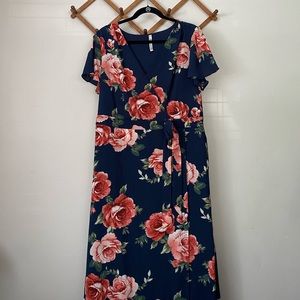 R n B Navy Floral Wrap Maxi Dress 1X